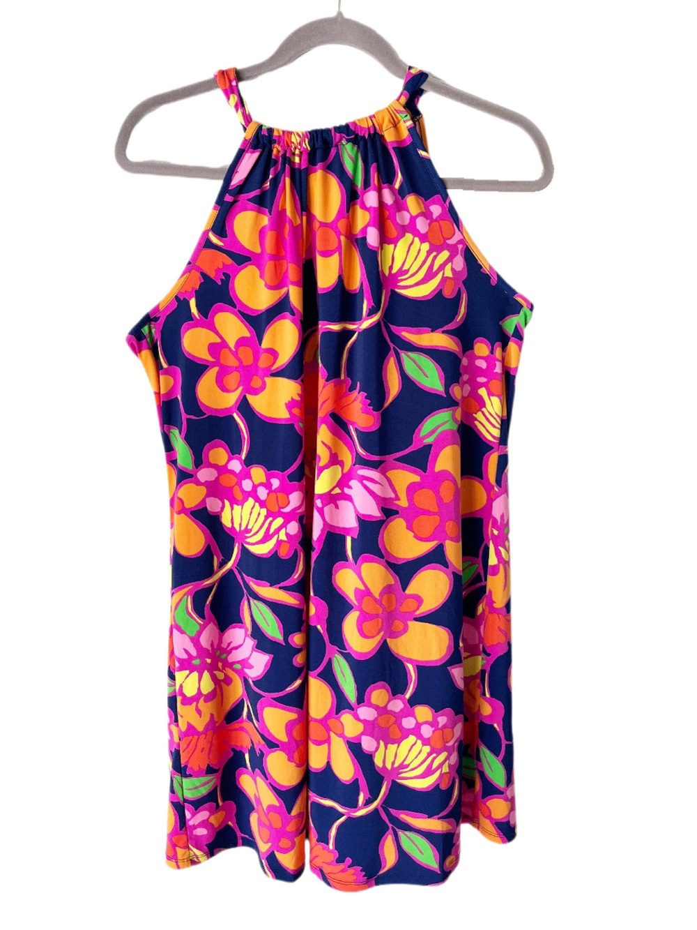 Trina Turk Juju Dress Women's Large Halter Jersey Knit Tropical Luau Resortwear
